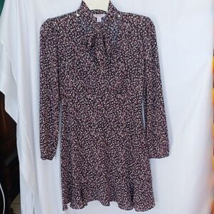Joe Fresh Floral Cinched Waist, Tie Neck Black Dress size 2, 17" PTP, 14"W, 34"L